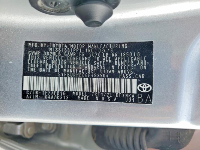 53750676 :رقم المزاد ، 5YFBURHE0GP493504 vin ، 2016 Toyota Corolla مزاد بيع