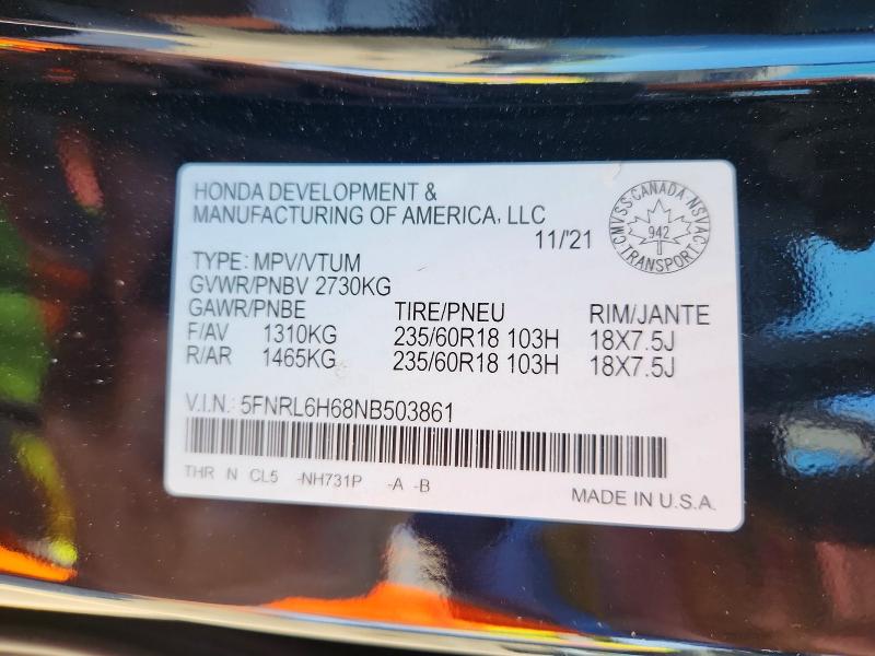 Продаж на аукціоні авто 2022 Honda Odyssey, vin: 5FNRL6H68NB503861, номер лоту: 51685036