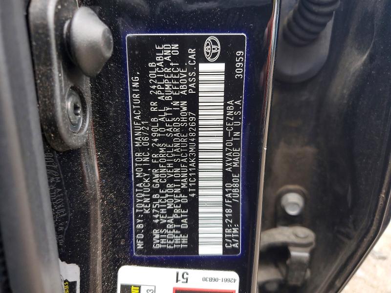 54490566 :رقم المزاد ، 4T1C11AK3MU482697 vin ، 2021 Toyota Camry مزاد بيع