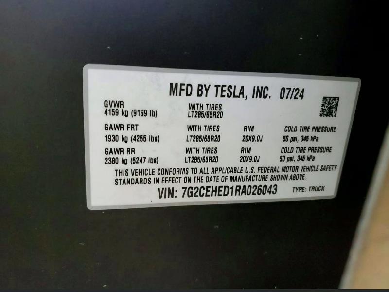 Aukcja sprzedaży 2024 Tesla Cybertruck, vin: 7G2CEHED1RA026043, numer aukcji: 53255096