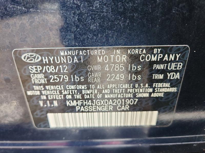 2013 Hyundai Azera მანქანა იყიდება აუქციონზე, vin: KMHFH4JGXDA201907, აუქციონის ნომერი: 54661826