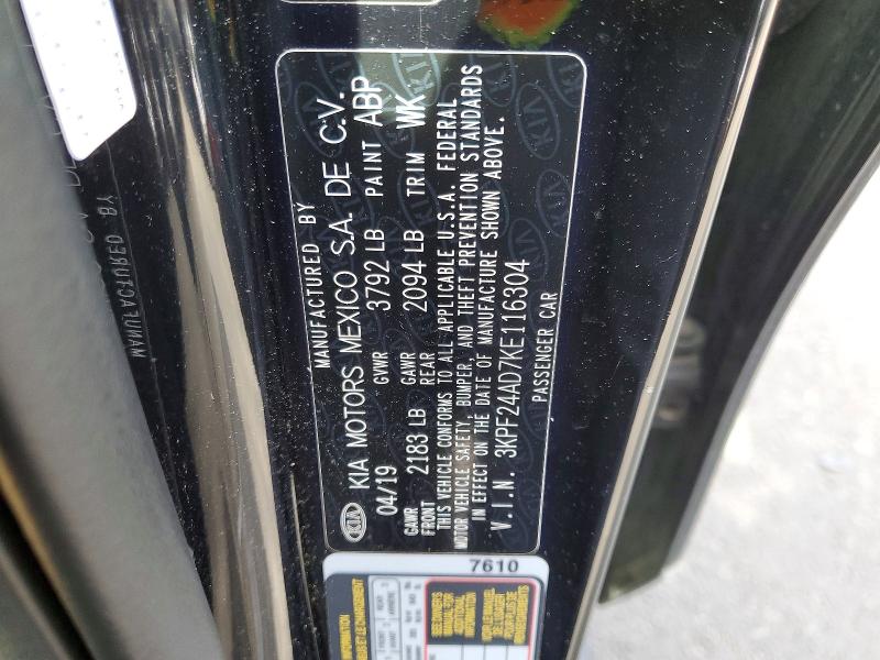 52141596 :رقم المزاد ، 3KPF24AD7KE116304 vin ، 2019 Kia Forte مزاد بيع