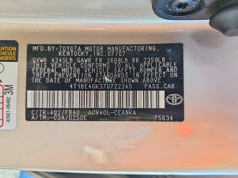 Aukcja sprzedaży 2007 Toyota Camry, vin: 4T1BE46K37U722345, numer aukcji: 53197356