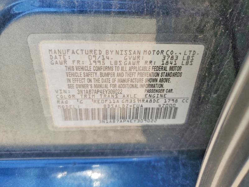 2014 Nissan Sentra მანქანა იყიდება აუქციონზე, vin: 3N1AB7AP4EY309022, აუქციონის ნომერი: 53271296