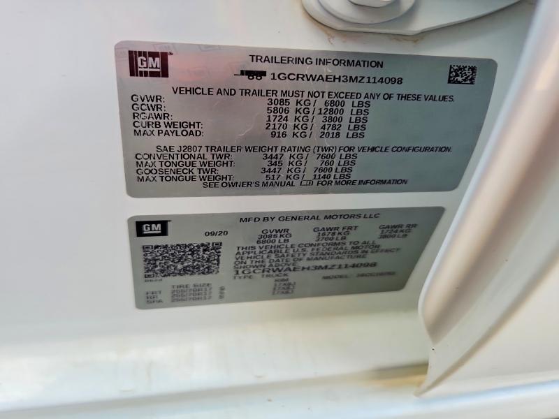 2021 Chevrolet Silverado მანქანა იყიდება აუქციონზე, vin: 1GCRWAEH3MZ114098, აუქციონის ნომერი: 53458536