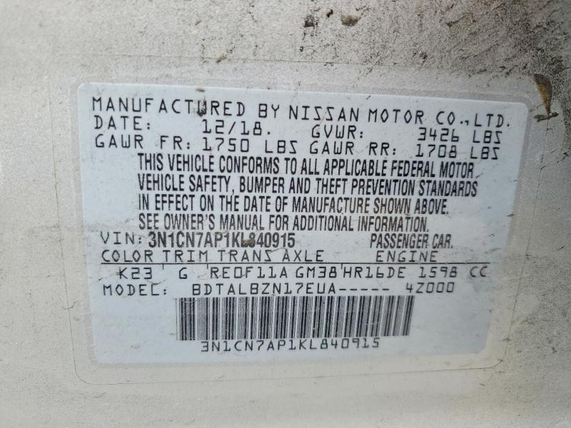52419036 :رقم المزاد ، 3N1CN7AP1KL840915 vin ، 2019 Nissan Versa مزاد بيع