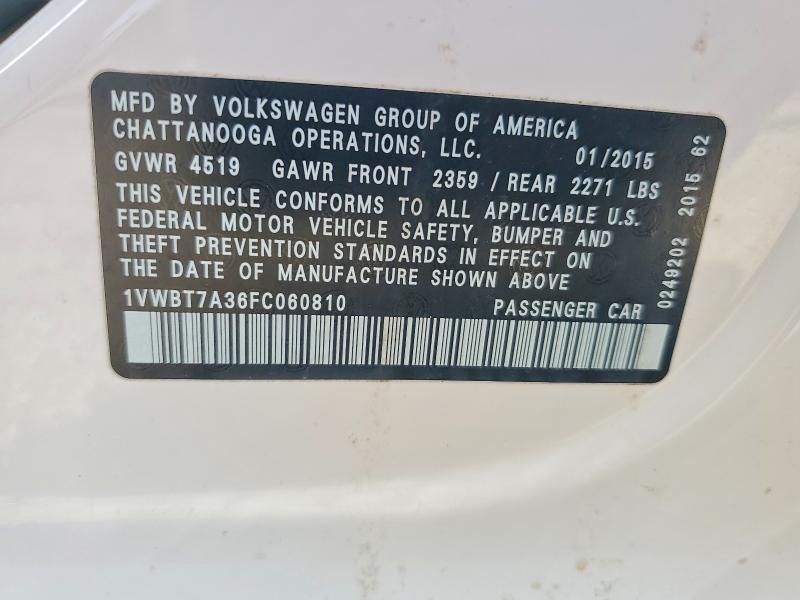 Aukcja sprzedaży 2015 Volkswagen Passat, vin: 1VWBT7A36FC060810, numer aukcji: 55014006