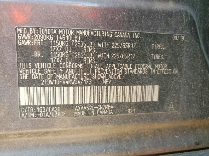 2019 Toyota Rav4 მანქანა იყიდება აუქციონზე, vin: 2T3W1RFV4KW047173, აუქციონის ნომერი: 52370226
