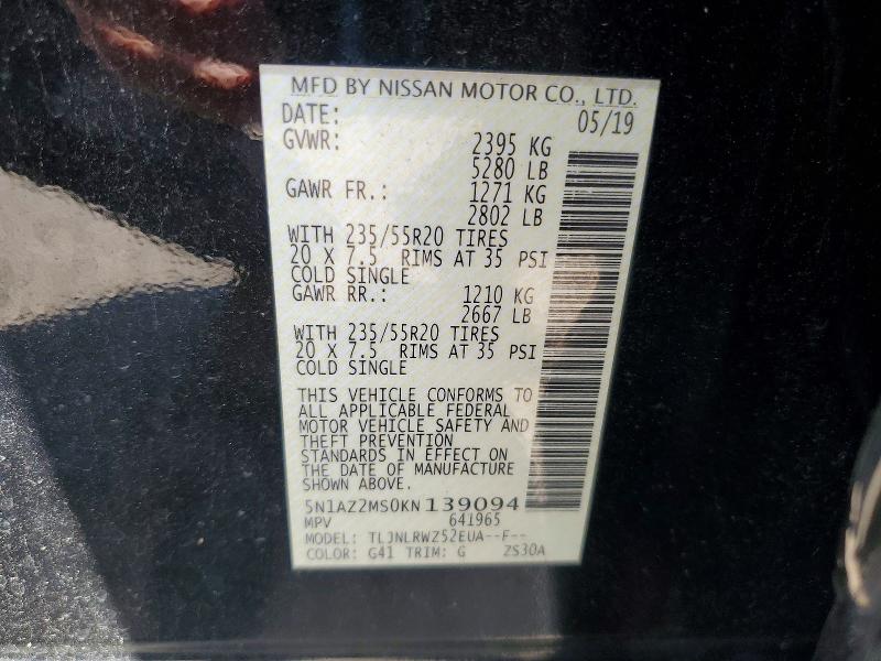 Aukcja sprzedaży 2019 Nissan Murano, vin: 5N1AZ2MS0KN139094, numer aukcji: 52136756