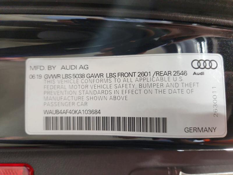 Aukcja sprzedaży 2019 Audi S4, vin: WAUB4AF40KA103684, numer aukcji: 53963956