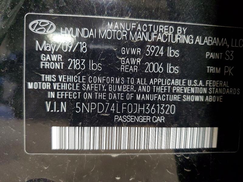 51976946 :رقم المزاد ، 5NPD74LF0JH361320 vin ، 2018 Hyundai Elantra مزاد بيع