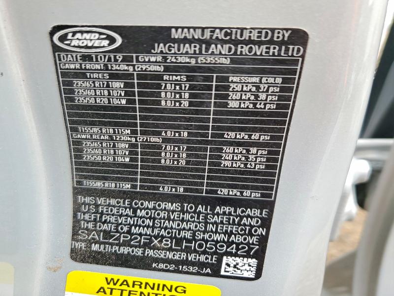 55173906 :رقم المزاد ، SALZP2FX8LH059427 vin ، 2020 Land Rover Range Rover Evoque مزاد بيع