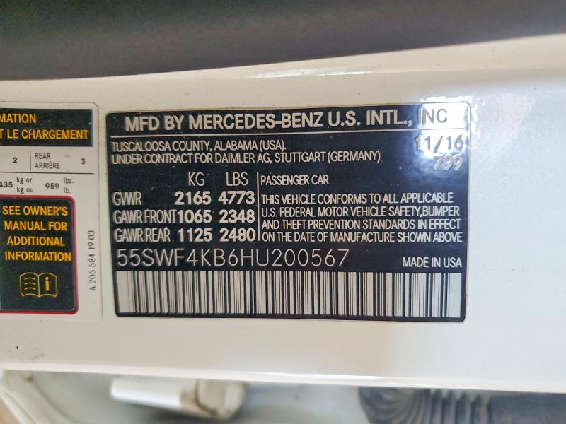 Продажа на аукционе авто 2017 Mercedes-benz C, vin: 55SWF4KB6HU200567, номер лота: 54211456