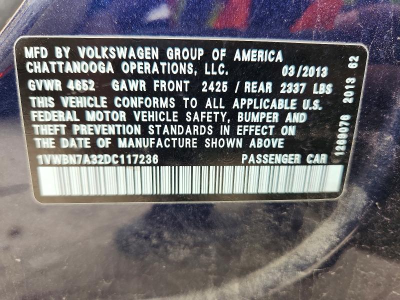 Продаж на аукціоні авто 2013 Volkswagen Passat, vin: 1VWBN7A32DC117236, номер лоту: 52040326