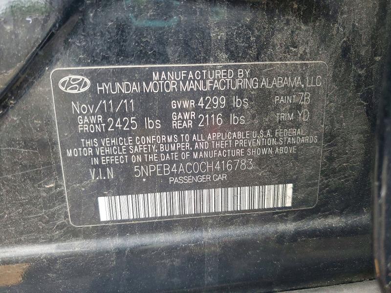 52586006 :رقم المزاد ، 5NPEB4AC0CH416783 vin ، 2012 Hyundai Sonata مزاد بيع