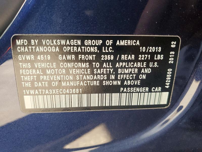 Aukcja sprzedaży 2014 Volkswagen Passat, vin: 1VWAT7A3XEC043681, numer aukcji: 54014126