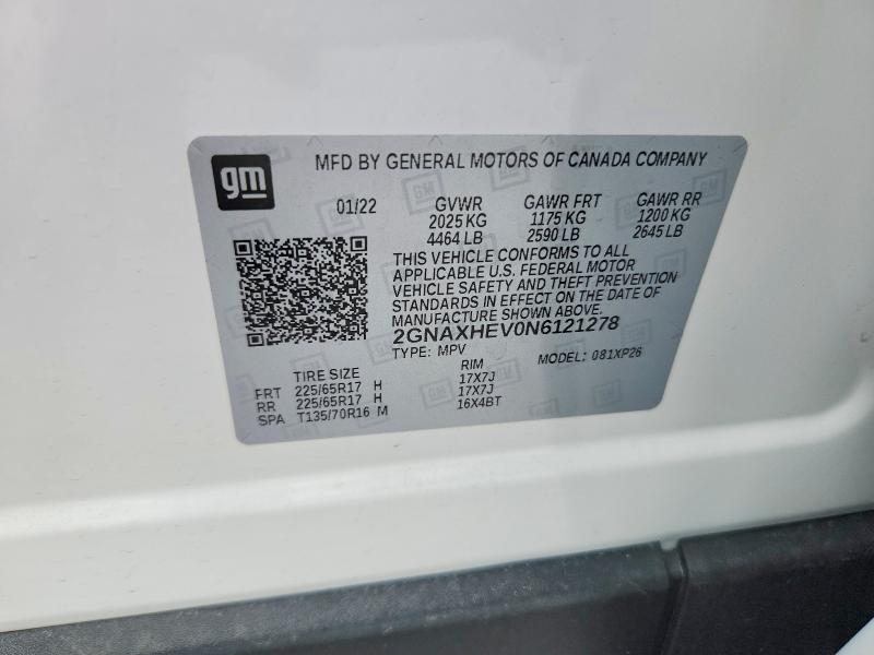 53938186 :رقم المزاد ، 2GNAXHEV0N6121278 vin ، 2022 Chevrolet Equinox مزاد بيع
