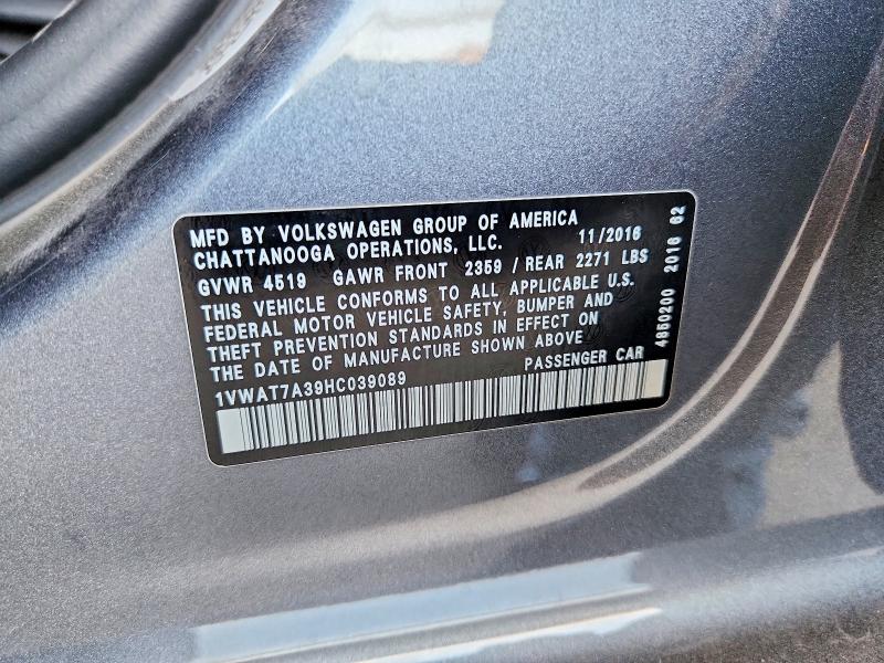 Aukcja sprzedaży 2017 Volkswagen Passat, vin: 1VWAT7A39HC039089, numer aukcji: 52254566