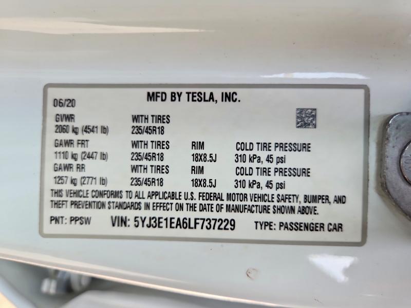Aukcja sprzedaży 2020 Tesla Model 3, vin: 5YJ3E1EA6LF737229, numer aukcji: 54103226