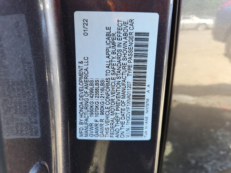 54083386 :رقم المزاد ، 1HGCV1F1XNA011207 vin ، 2022 Honda Accord مزاد بيع