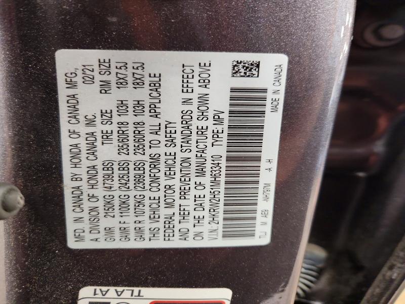 2021 Honda Cr-v მანქანა იყიდება აუქციონზე, vin: 2HKRW2H51MH633410, აუქციონის ნომერი: 54870086