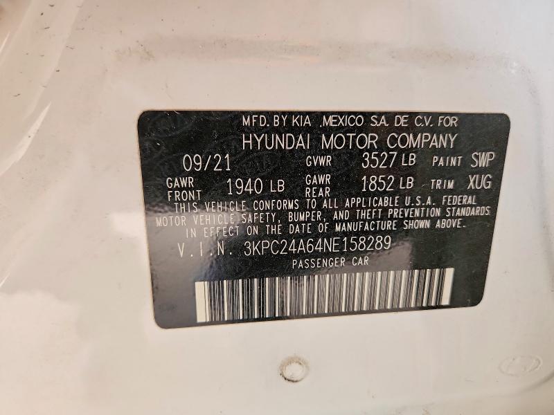 2022 Hyundai Accent მანქანა იყიდება აუქციონზე, vin: 3KPC24A64NE158289, აუქციონის ნომერი: 55115466