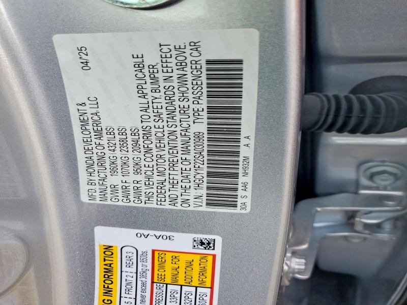 Продаж на аукціоні авто 2025 Honda Accord, vin: 1HGCY1F22SA030989, номер лоту: 53723636