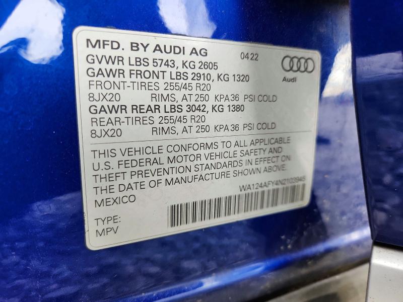Aukcja sprzedaży 2022 Audi Sq5, vin: WA124AFY4N2103945, numer aukcji: 52220996