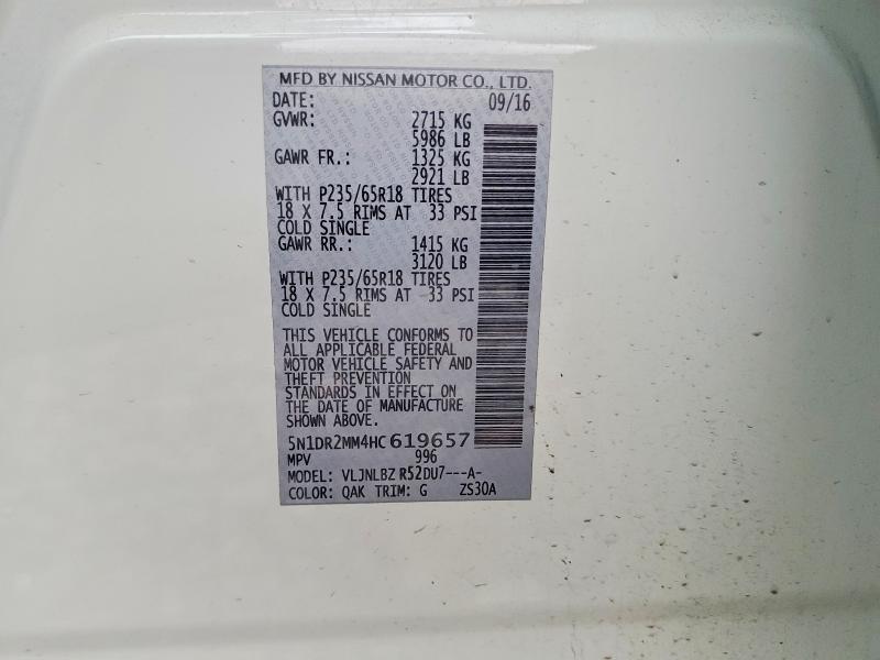 52259116 :رقم المزاد ، 5N1DR2MM4HC619657 vin ، 2017 Nissan Pathfinder مزاد بيع