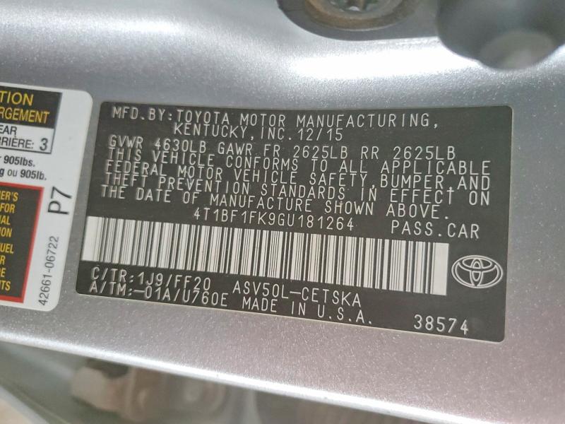 Продажа на аукционе авто 2016 Toyota Camry, vin: 4T1BF1FK9GU181264, номер лота: 47140516