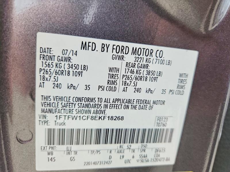 2014 Ford F150 მანქანა იყიდება აუქციონზე, vin: 1FTFW1CF8EKF18268, აუქციონის ნომერი: 52298836