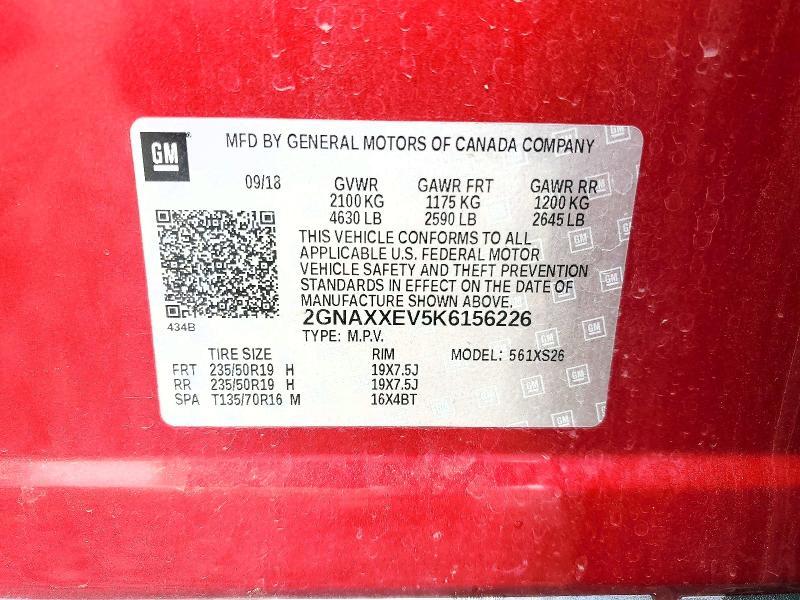 54505776 :رقم المزاد ، 2GNAXXEV5K6156226 vin ، 2019 Chevrolet Equinox مزاد بيع