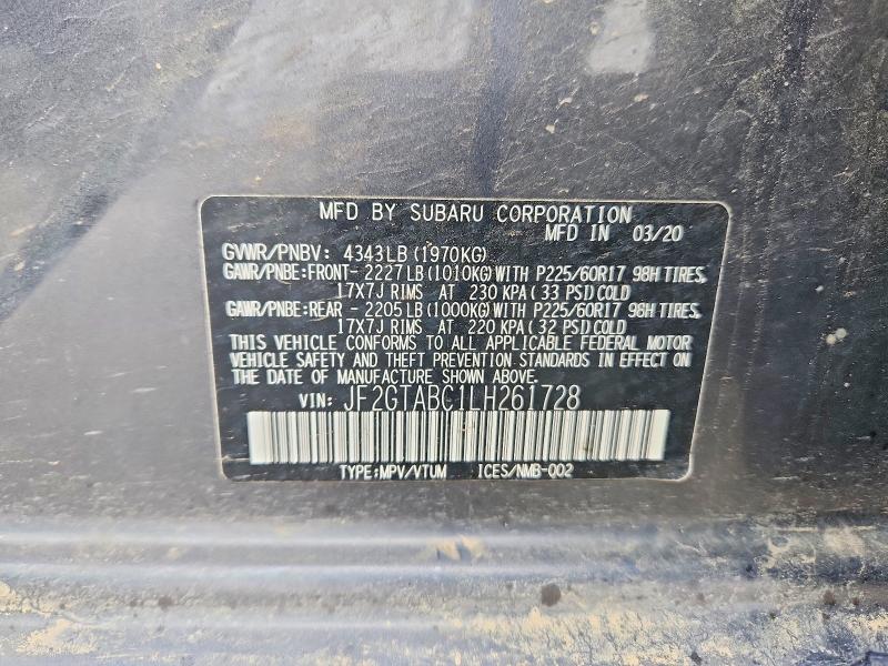 Aukcja sprzedaży 2020 Subaru Crosstrek, vin: JF2GTABC1LH261728, numer aukcji: 54111166