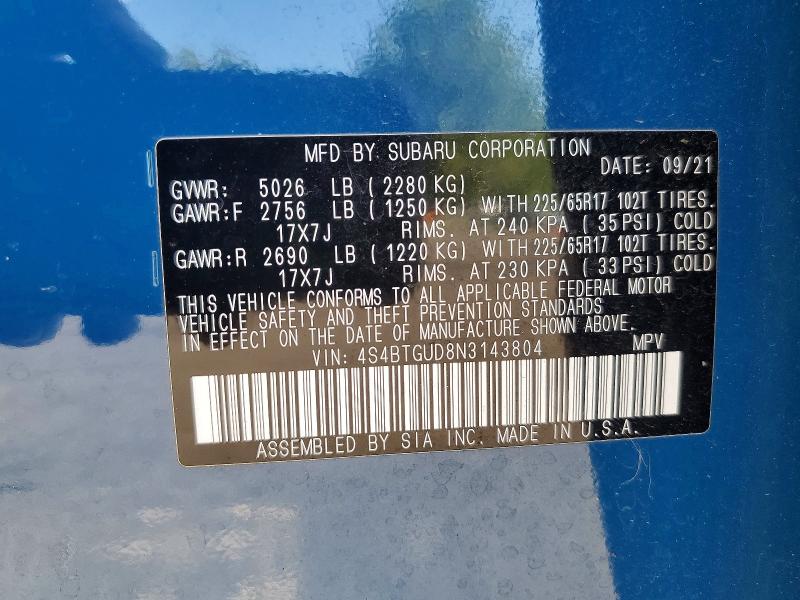Продаж на аукціоні авто 2022 Subaru Outback, vin: 4S4BTGUD8N3143804, номер лоту: 52957036