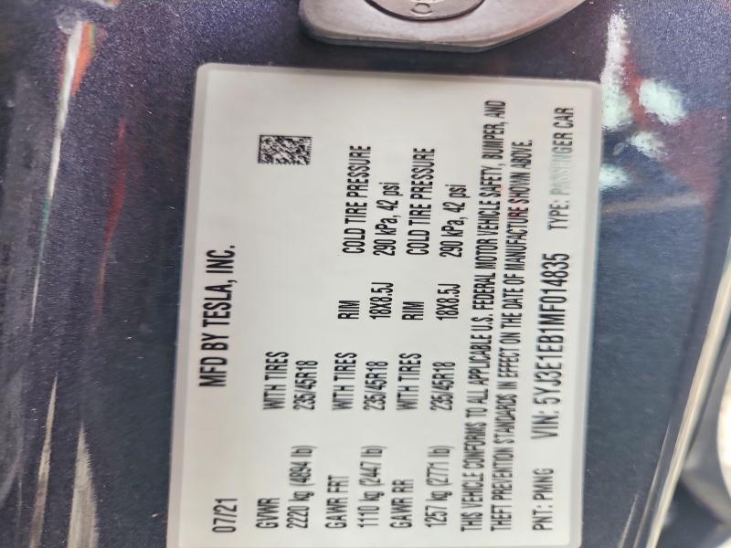 Продажа на аукционе авто 2021 Tesla Model 3, vin: 5YJ3E1EB1MF014835, номер лота: 51365066