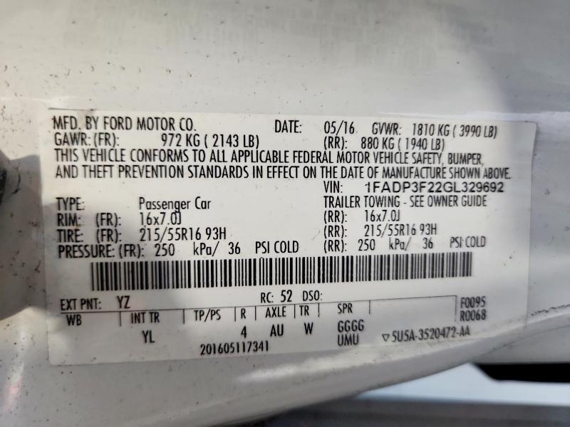 2016 Ford Focus მანქანა იყიდება აუქციონზე, vin: 1FADP3F22GL329692, აუქციონის ნომერი: 54967266