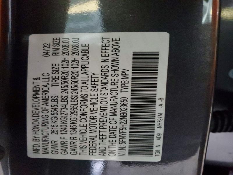 Продажа на аукционе авто 2022 Honda Pilot, vin: 5FNYF5H22NB023650, номер лота: 52506586