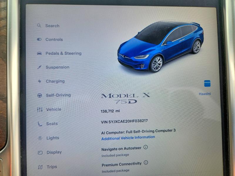 2017 Tesla Model X მანქანა იყიდება აუქციონზე, vin: 5YJXCAE20HF038217, აუქციონის ნომერი: 54675706