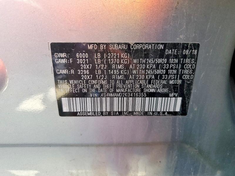 Продаж на аукціоні авто 2019 Subaru Ascent, vin: 4S4WMAMD2K3416355, номер лоту: 54008976