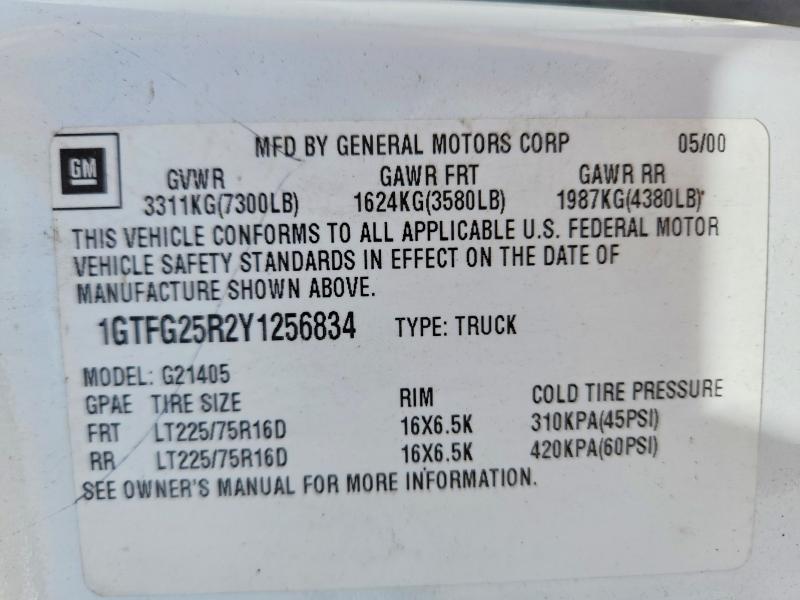 Aukcja sprzedaży 2000 Gmc Savana, vin: 1GTFG25R2Y1256834, numer aukcji: 52071796
