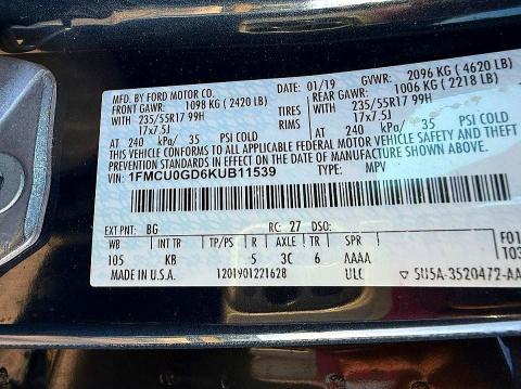52322496 :رقم المزاد ، 1FMCU0GD6KUB11539 vin ، 2019 Ford Escape مزاد بيع
