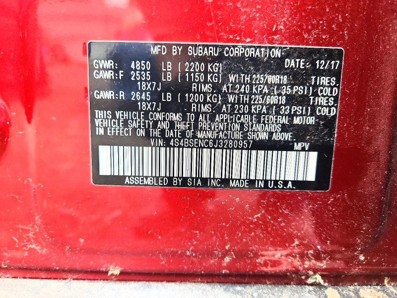 2018 Subaru Outback მანქანა იყიდება აუქციონზე, vin: 4S4BSENC6J3280957, აუქციონის ნომერი: 54401616