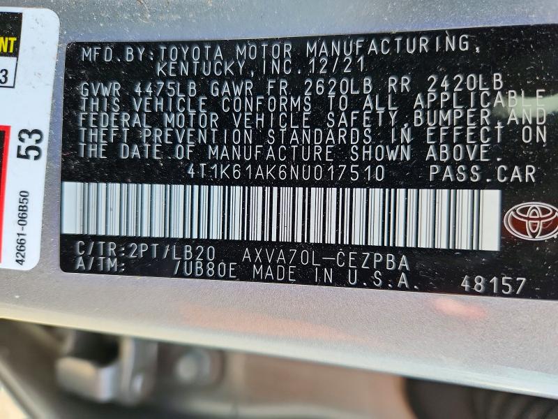 Продаж на аукціоні авто 2022 Toyota Camry, vin: 4T1K61AK6NU017510, номер лоту: 54843166