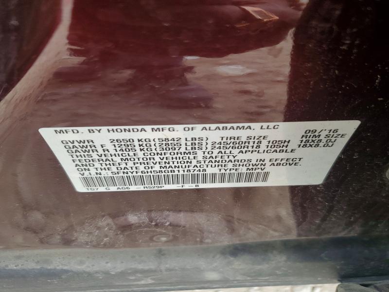 Aukcja sprzedaży 2016 Honda Pilot, vin: 5FNYF6H58GB118748, numer aukcji: 53910146