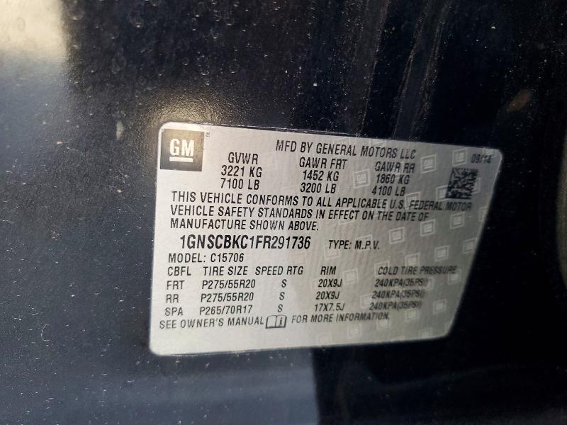 Продаж на аукціоні авто 2015 Chevrolet Tahoe, vin: 1GNSCBKC1FR291736, номер лоту: 54720296