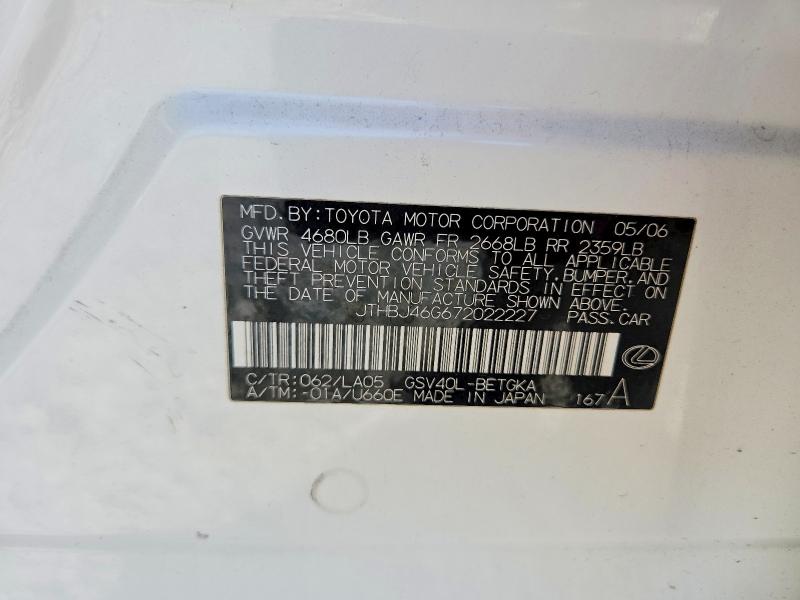 2007 Lexus Es მანქანა იყიდება აუქციონზე, vin: JTHBJ46G672022227, აუქციონის ნომერი: 53215476
