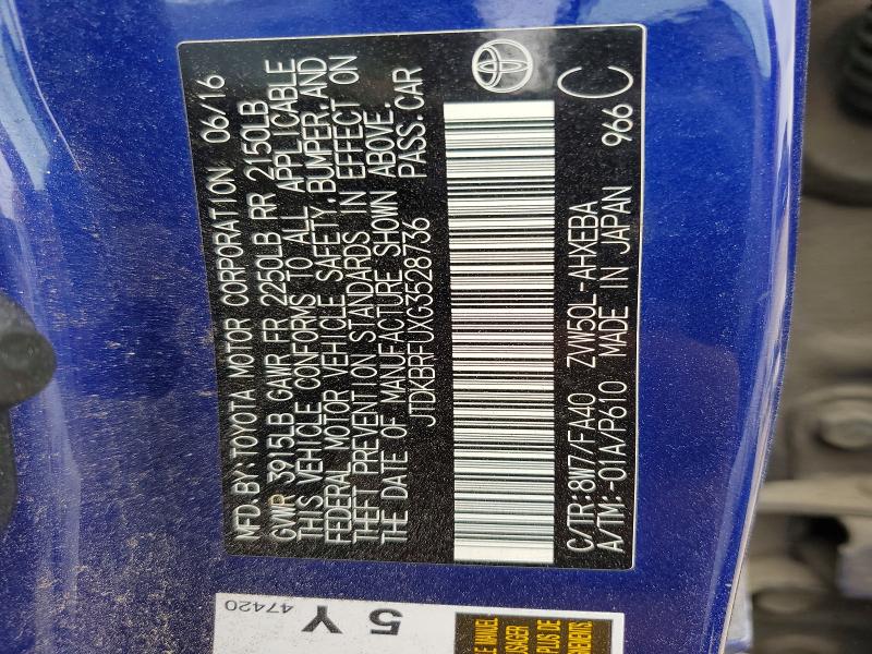 2016 Toyota Prius მანქანა იყიდება აუქციონზე, vin: JTDKBRFUXG3528736, აუქციონის ნომერი: 52343536