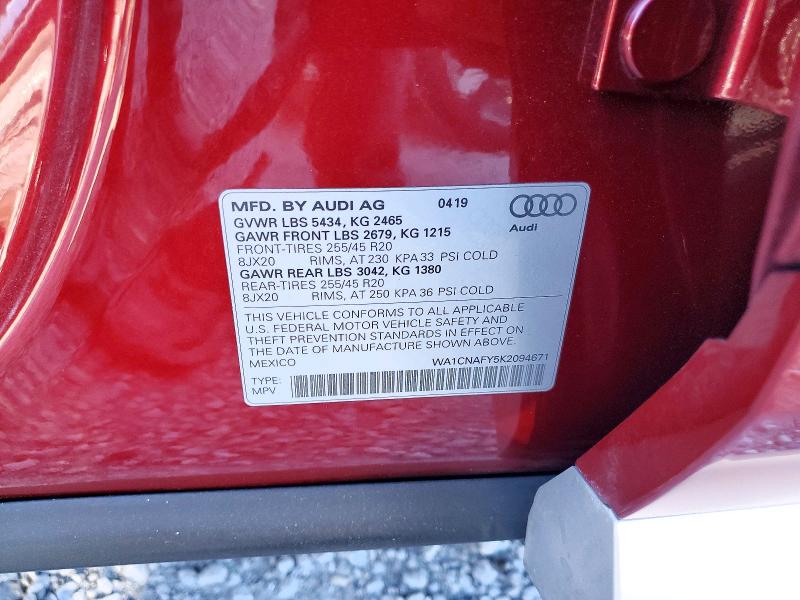 52523216 :رقم المزاد ، WA1CNAFY5K2094671 vin ، 2019 Audi Q5 مزاد بيع