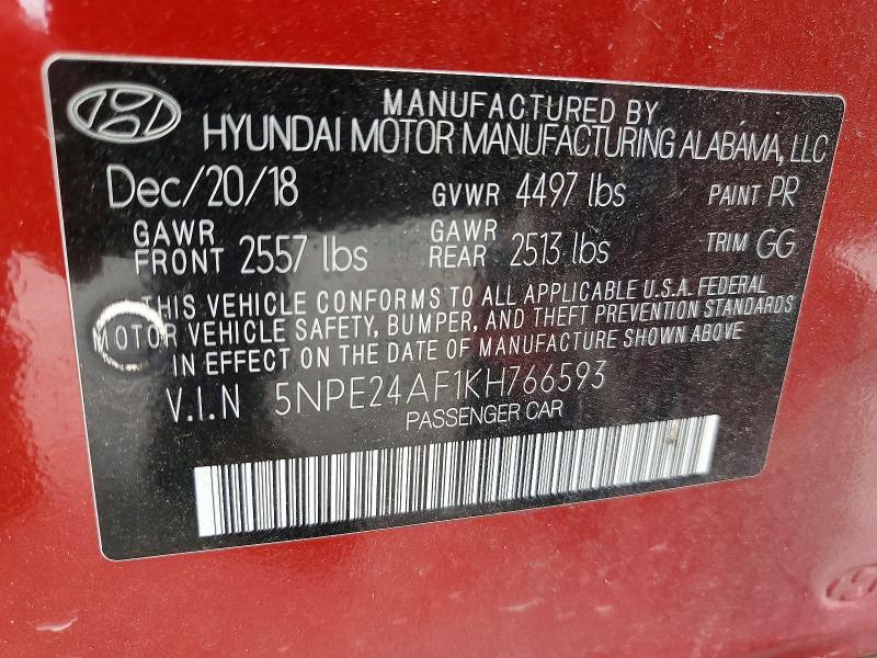 2019 Hyundai Sonata მანქანა იყიდება აუქციონზე, vin: 5NPE24AF1KH766593, აუქციონის ნომერი: 52096576
