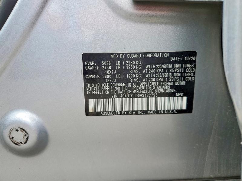 2021 Subaru Outback მანქანა იყიდება აუქციონზე, vin: 4S4BTGLD0M3132795, აუქციონის ნომერი: 54535436